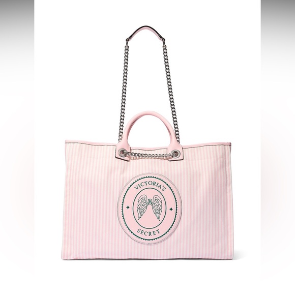 Victoria's Secret Handbags - Victoria's Secret Pink Striped Tote with Chain and Top Handles